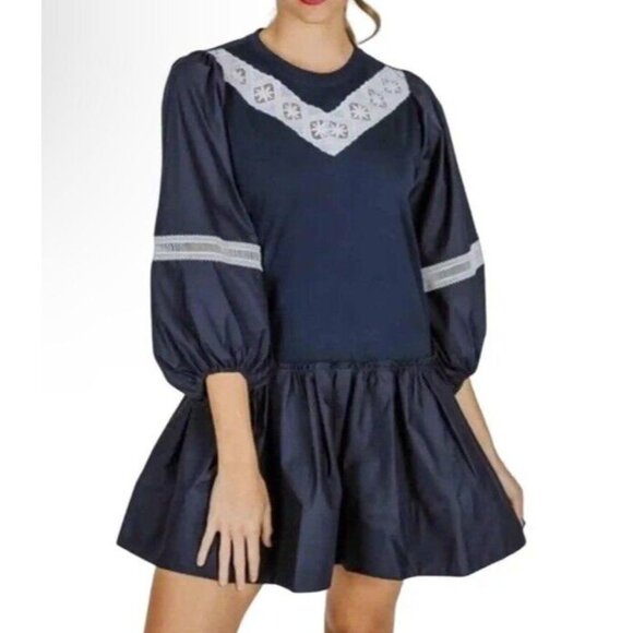 TANYA TAYLOR Sz L Dress Kirstie Puff-Sleeve Drop-Waist Mini Navy Blue White New - Picture 1 of 7